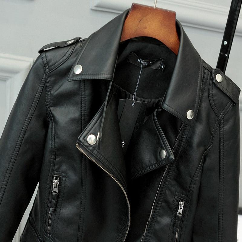 Sleek and Stylish: Slim PU Leather Jacket for Women - Perfect for the Motorcycle Enthusiast