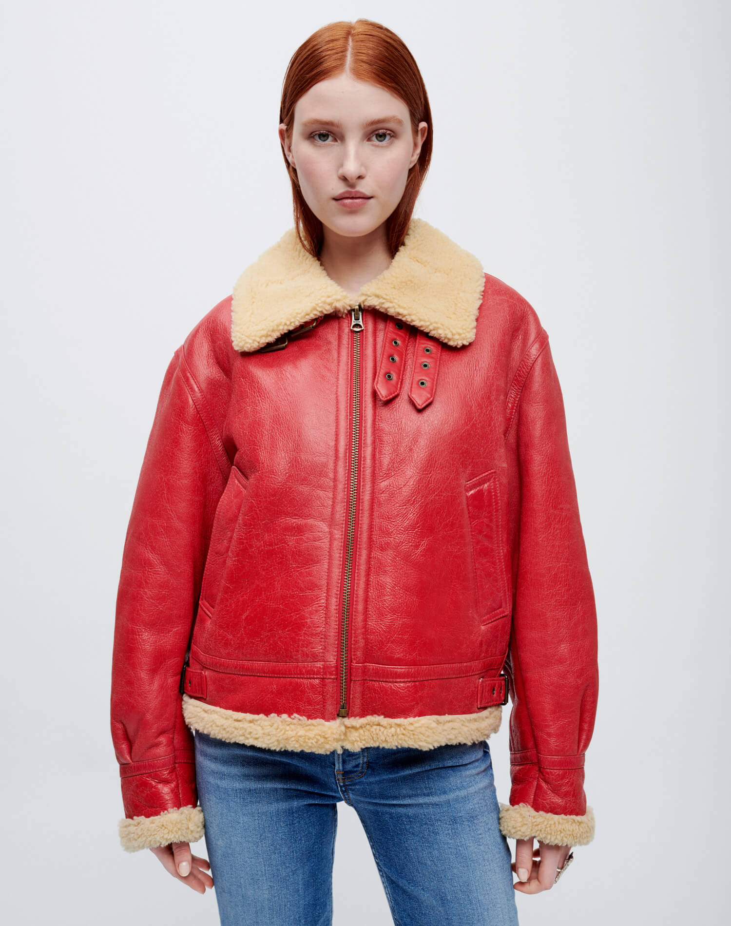 Suede Shearling Aviator Jacket - Red