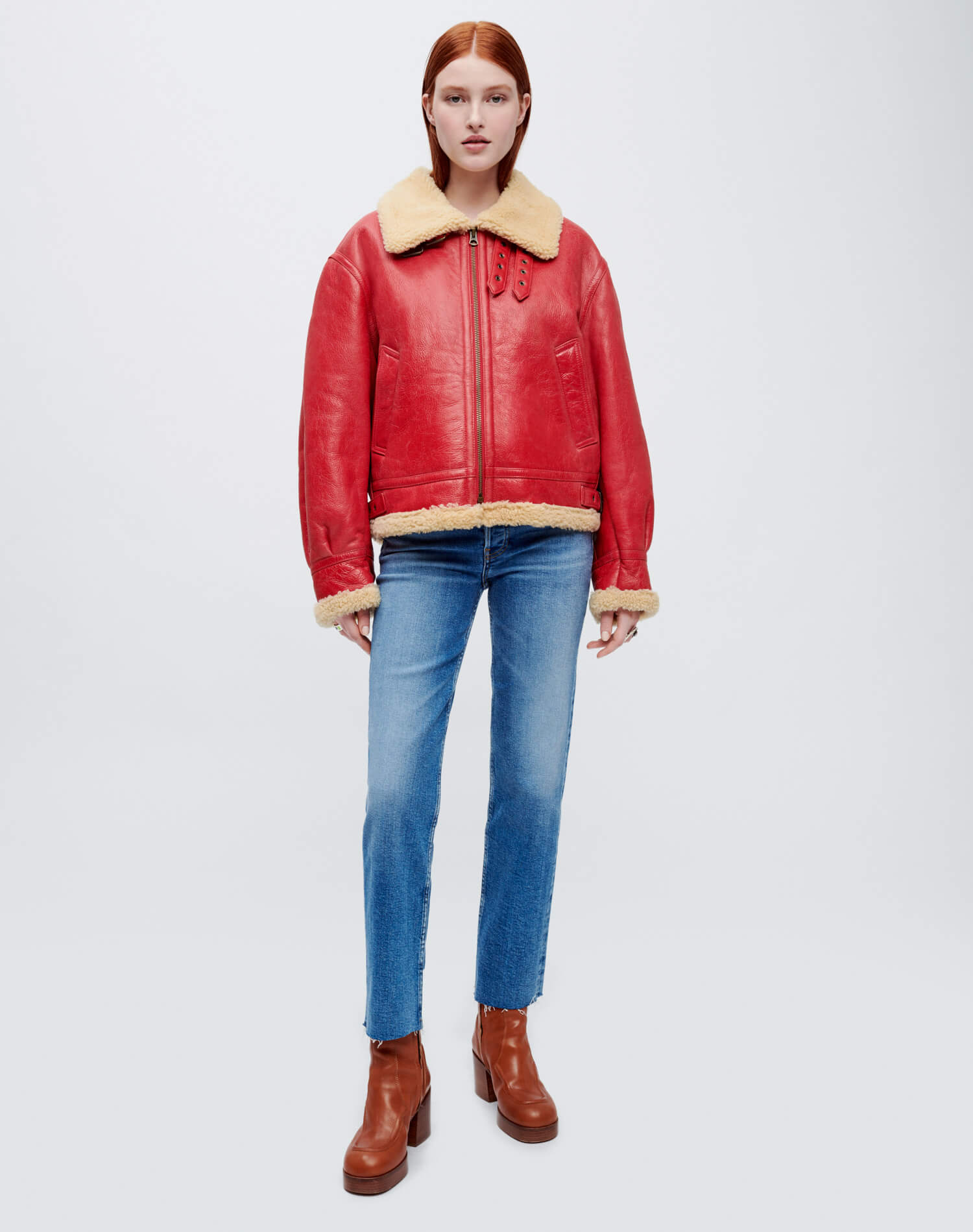 Suede Shearling Aviator Jacket - Red