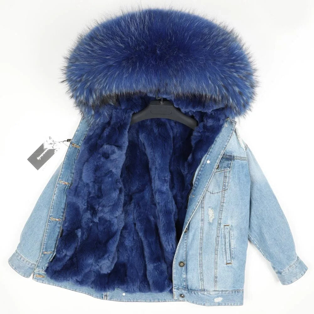 Winter Denim Jacket Parka Winter Women Parkas Real Fur Collar Coat Natural Raccoon Fur Hood Real Rabbit Fur Liner Luxury