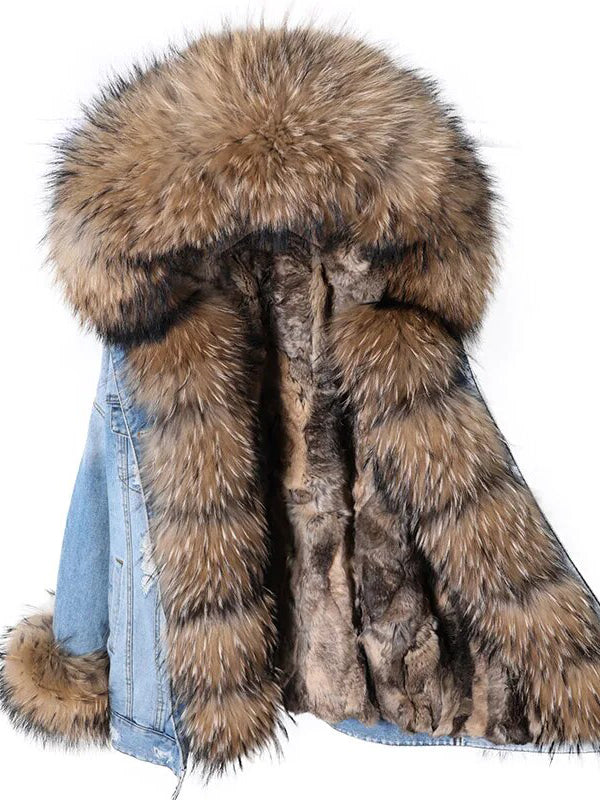 Winter Denim Jacket Parka Winter Women Parkas Real Fur Collar Coat Natural Raccoon Fur Hood Real Rabbit Fur Liner Luxury