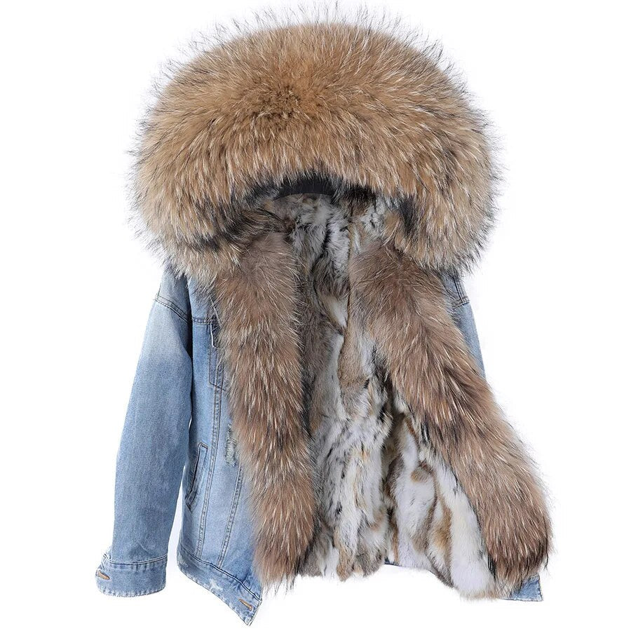 Winter Denim Jacket Parka Winter Women Parkas Real Fur Collar Coat Natural Raccoon Fur Hood Real Rabbit Fur Liner Luxury