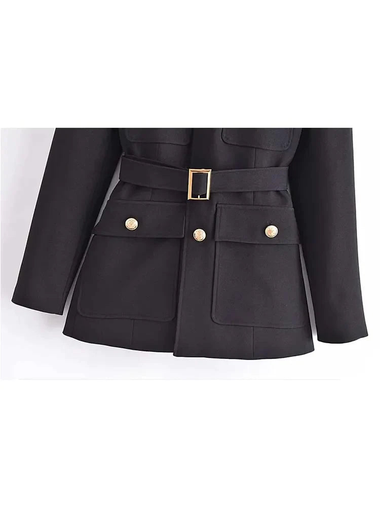 Woman 2023 Gold Button Long Blazer Coats With Belt Autumn Winter Blazers Suit Jacket