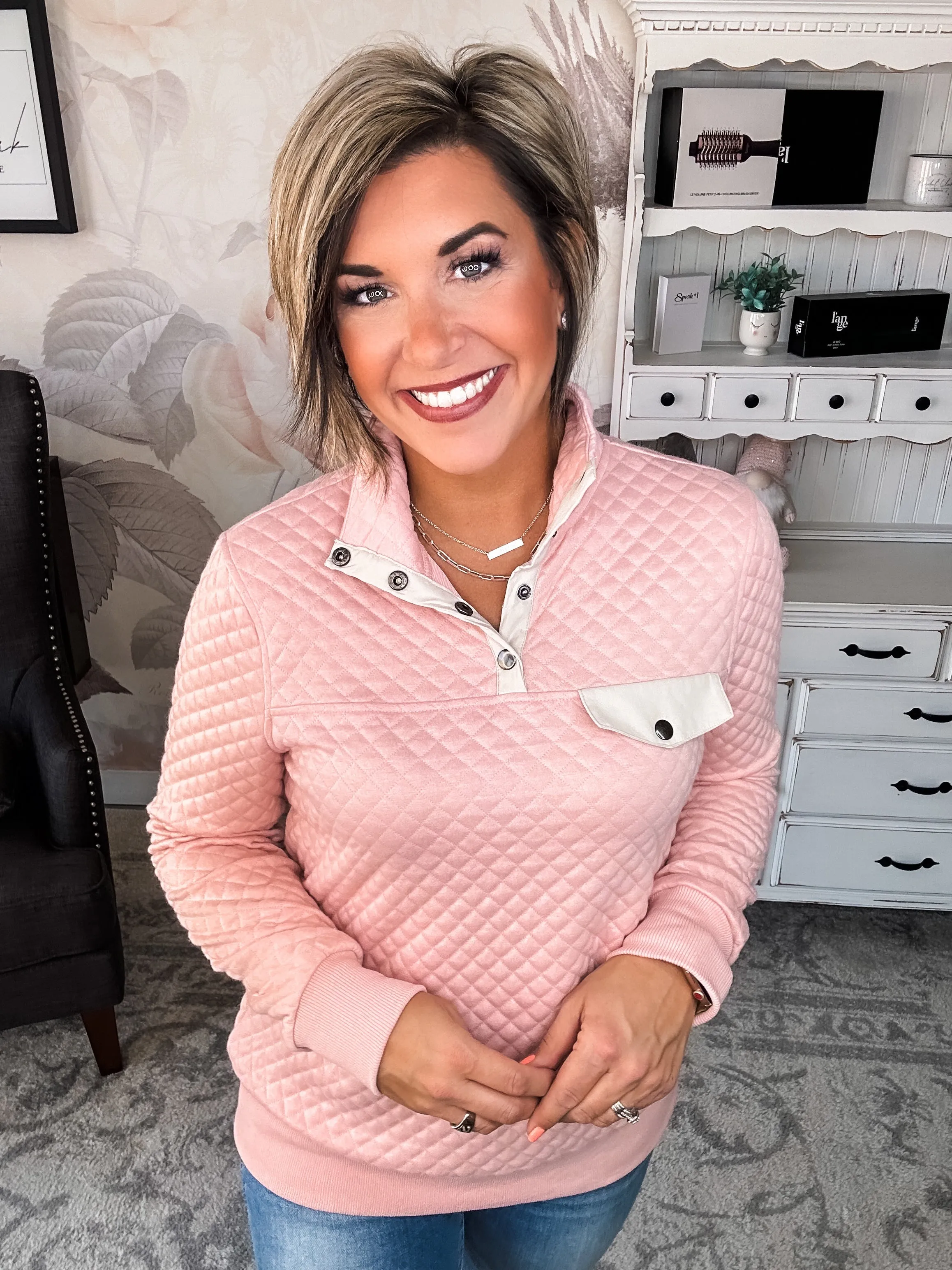 You're My Destiny Quilted Pullover - Blush